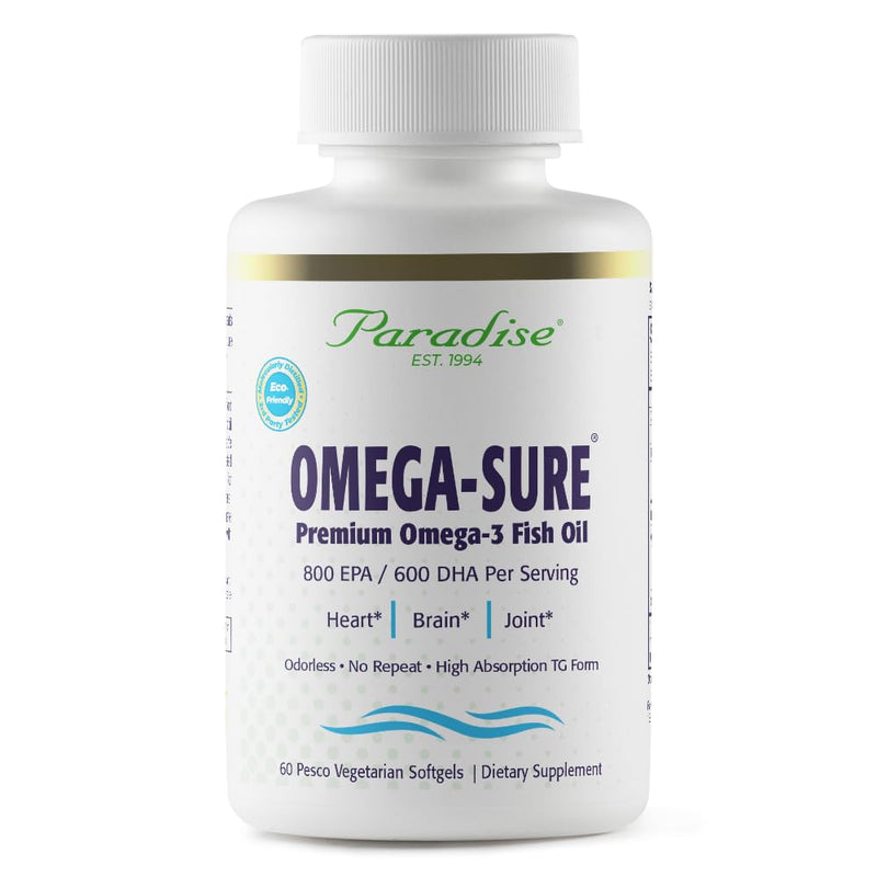 Paradise Herbs Omega-Sure Fish Oil Omega-3 DHA EPA 60 Softgels | Vegetarian concentrate in non-GMO, gluten free softgel form, formulated for heart health support and daily use 60 Count (Pack of 1)