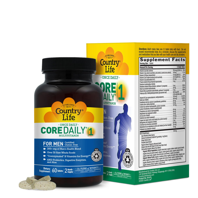 Country Life Core Daily-1 Multivitamin for Men with Probiotics, 60 Tablets | Supports energy metabolism, immune function and digestive wellness with whole foods and coenzymated nutrients