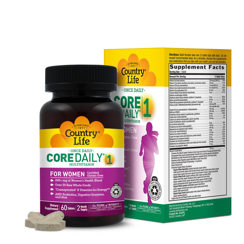 Country Life Core Daily 1 Women’s Multivitamin with Iron, 60 Tablets | Once-daily formula with 200+ mg Women’s Health Blend, coenzymated B vitamins, probiotics and digestive enzymes