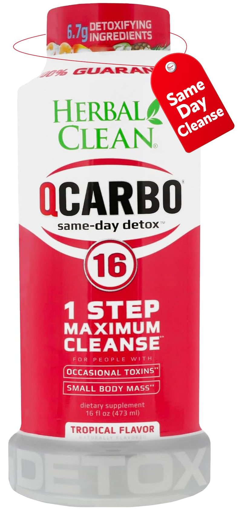 Herbal Clean Qcarbo16 Same-Day Detox Cleanse Drink (16 fl oz) - Tropical Flavor Full Body Cleanse* Detox Drink for Moderate Toxin Level*, Vitamin B2 and Vitamin B12 for Men & Women 16 Fl Oz (Pack of 1)