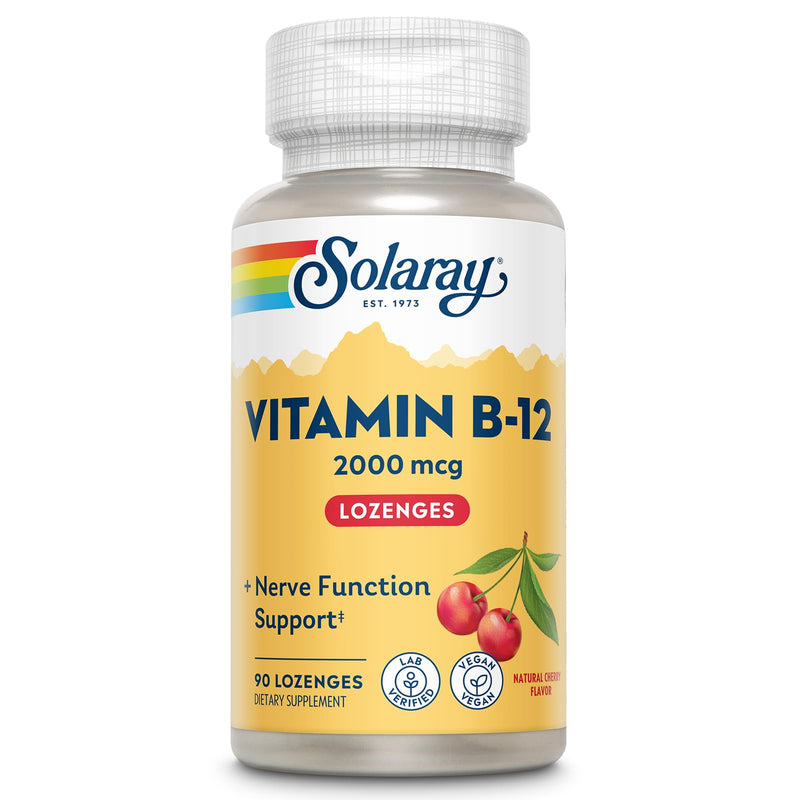 SOLARAY Vitamin B12 2000 mcg Lozenges - No Sugar, Natural Cherry Flavor Vitamin B 12 Supplement for Nerve Function, Energy and Red Blood Cell Support - Lab Verified, Vegan - 90 Servings, 90 Lozenges | Nerve, Energy & Red Blood Cell Support - No Sugar C...