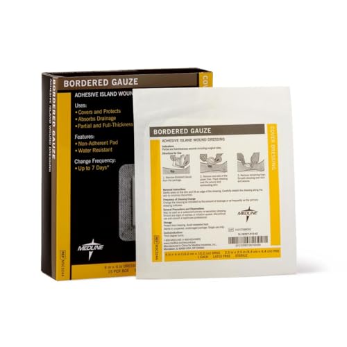 Medline Bordered Gauze, 4" x 4" Adhesive Island Wound Dressing, Sterile, 15 Count 15 Count (Pack of 1)