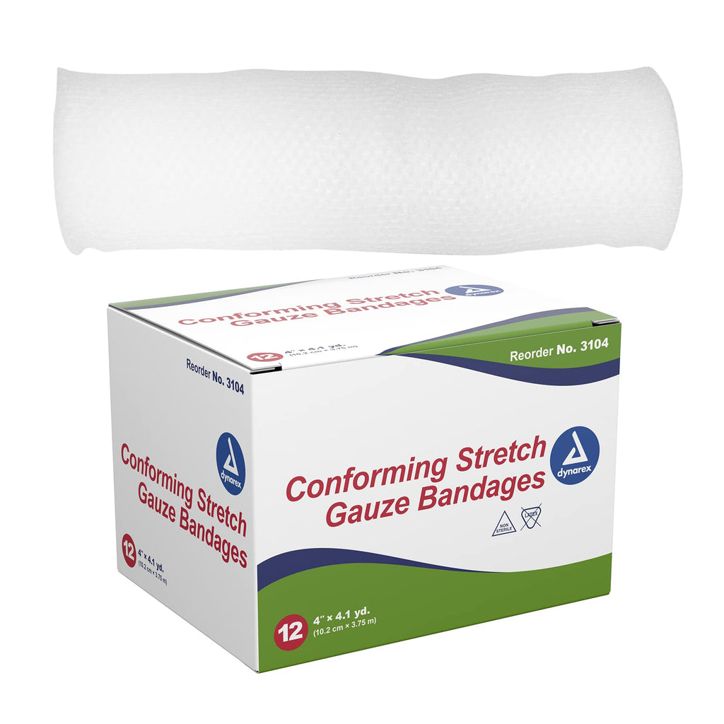 Dynarex 3104 Non-Sterile Stretch Gauze Bandage Roll, 4" x 4.1 yard, Pack of 12 12 Count (Pack of 1)