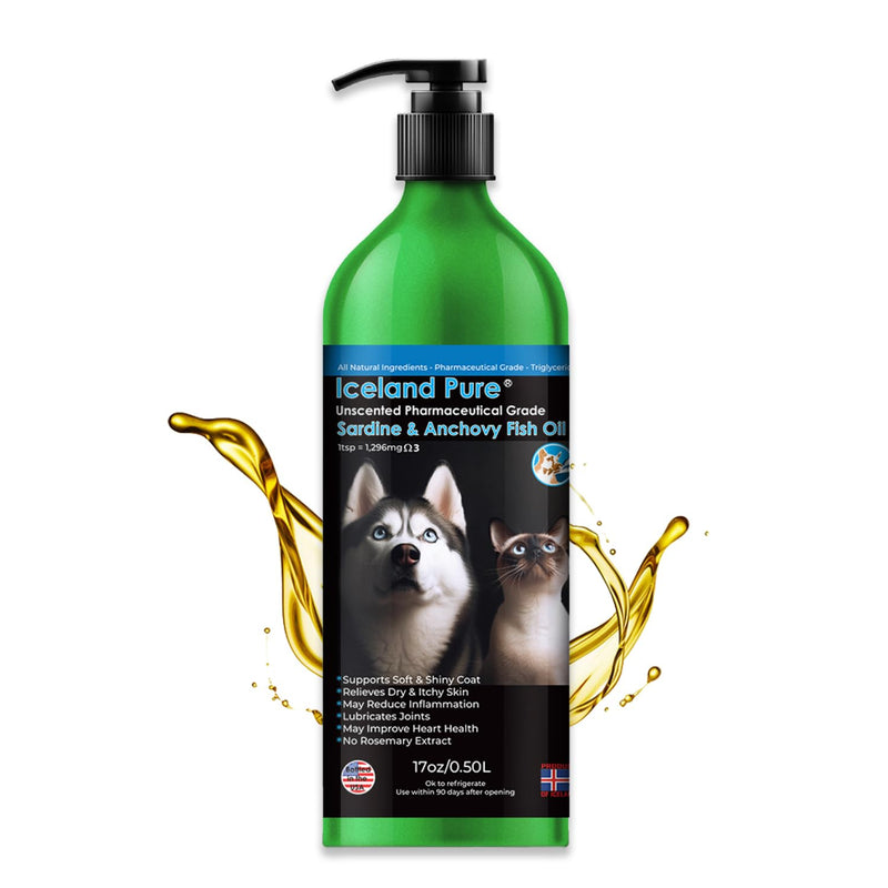Sardine Anchovy Oil | 1296mg Omega | Unscented Pharmaceutical Grade | For Dogs & Cats | BPA-Free Brushed Aluminum Epoxy Coated Bottle with Pump 17 OZ 17 Fl Oz (Pack of 1) transparent