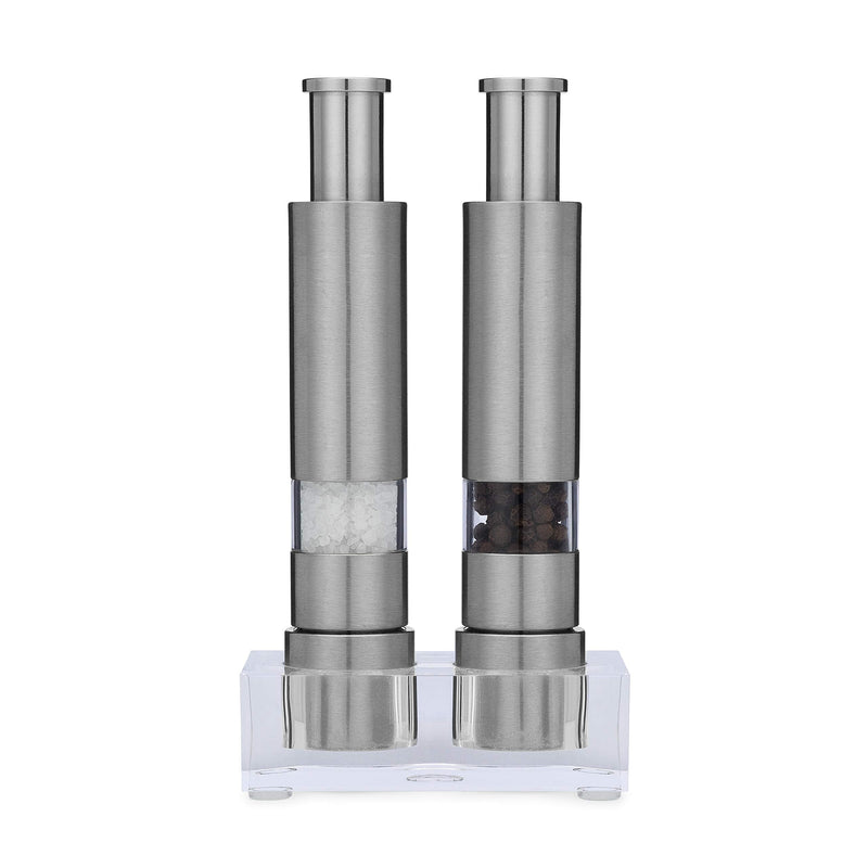 Grind Gourmet Salt and Pepper Grinder Set, Original Pump & Grind Peppermill are Refillable, Modern Thumb Press Grinder, Comes with Black Pepper, Sea Salt and Stand, Works With Himalayan Salts 316 Stainless Steel - BeesActive Australia