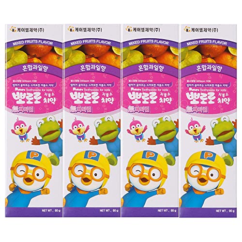 Pororo Kids Whitening Sensitive Toothpaste - Cavity Protection Low Fluoride Oral Care with 4 Fruit Flavors, Improving Gum Health, Removing Plaque to Strengthen Enamel 90g/3.17 Oz(Melon - 4 Packs) Mixed Fruits
