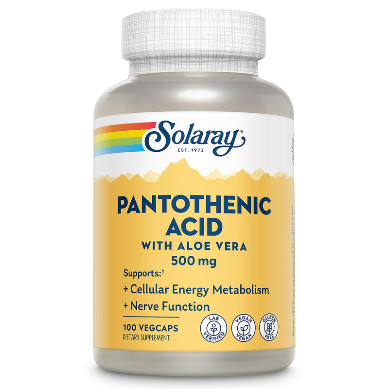 SOLARAY Pantothenic Acid 500mg - Pantothenic Acid Supplement (Vitamin B5) - Essential B Complex Vitamin - Nervous System and Cellular Energy Support - Vegan, Gluten Free, 60-Day Guaratee, 100 Servings Unflavored 100 Count (Pack of 1)