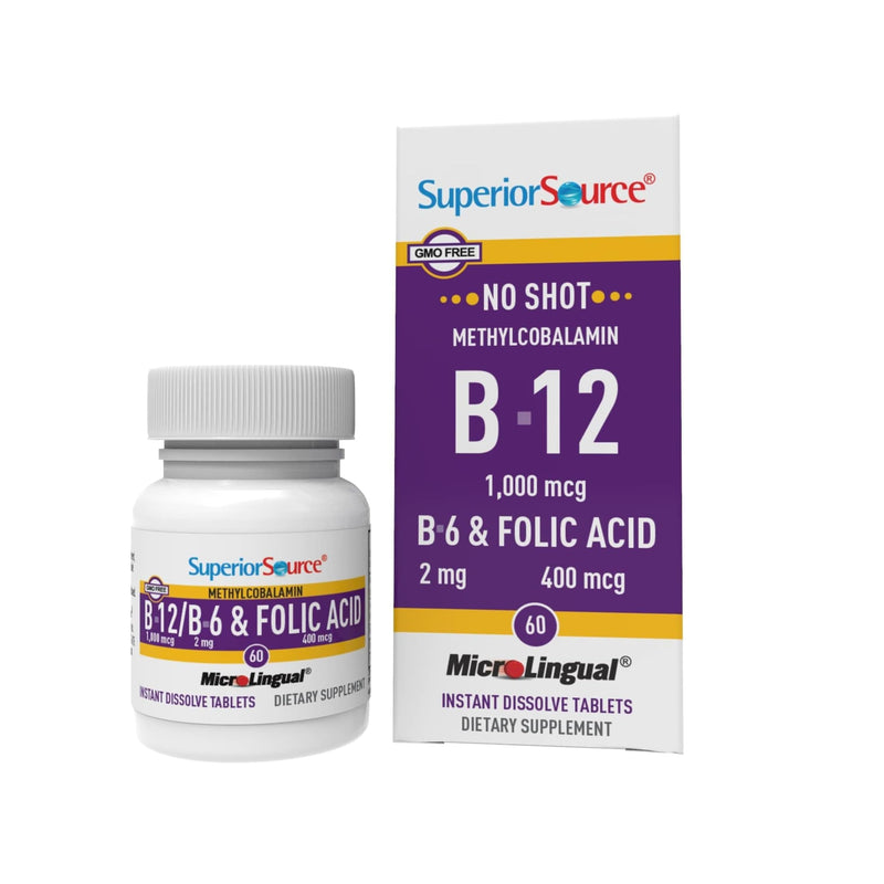 Superior Source No Shot Vitamin B-12 Methylcobalamin 1000 mcg, B-6 & Folic Acid 400 mcg - Supports Brain & Heart Health - Aids Natural Energy Levels - 60 Sublingual Dissolving Tablets Cherry 60 Count (Pack of 1)