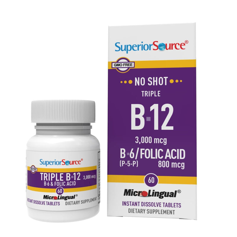 Superior Source NO Shot Triple B-12 3,000 mcg B-6 Folic Acid 800 mcg - Formula Supports Heart Health & Energy - Health Supplement with Folic Acid & Methylcobalamin - 60 Instant Dissolve Tablets Unflavored 60 Count (Pack of 1)