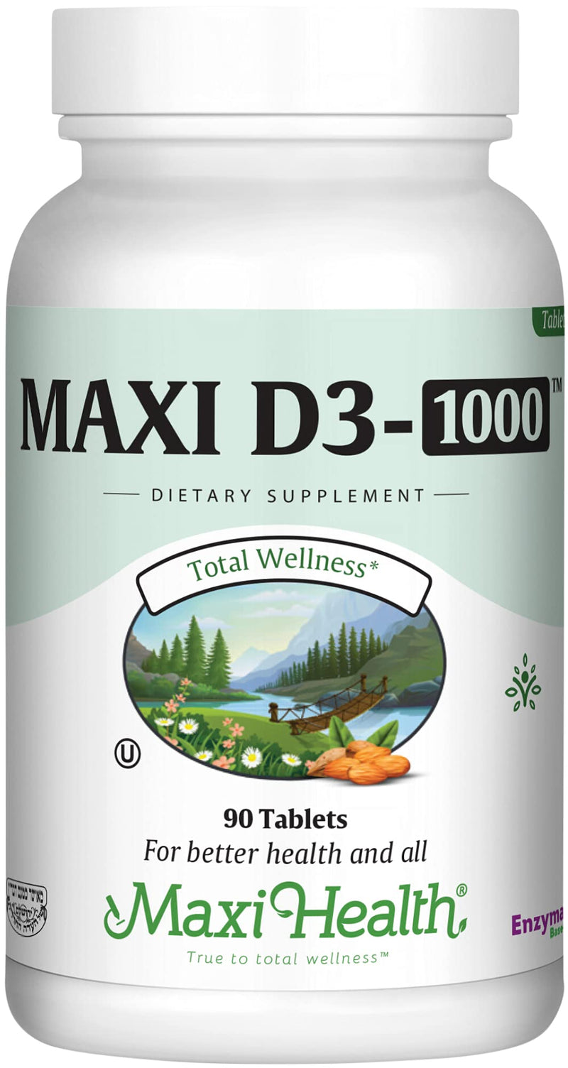 Vitamin D3 1000 IU Dietary Supplement - Easy to Swallow - Odorless & Tasteless - Supports Calcium Absorption, Immune Health and Bone Health in Adult Women & Men - 90 Tablets - by Maxi Health Tablet 90 Count (Pack of 1)