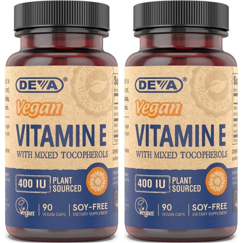DEVA Vegan Natural Source Vitamin E 400IU with Mixed tocopherols, Soy-Free – 90 Veg Caps (Pack of 2) 90 Count (Pack of 2)