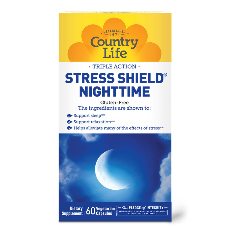 Country Life Stress Shield Nighttime, Sleep Support, 60 Vegetarian Capsules | Sensoril ashwagandha, GABA, L-theanine and botanicals support relaxation at bedtime; certified gluten-free and vegan