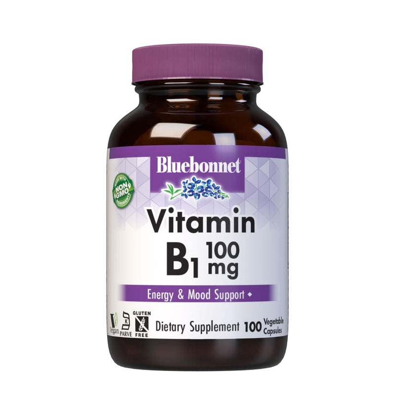Bluebonnet Vitamin B1 100 mg - Mood Support & Energy Vitamins for Women & Men* - Thiamin HCl - Non-GMO, Vegan, Kosher, Gluten-Free - Soy & Dairy-Free - 100 Vegetable Capsules, 100 Day Supply | Energy Production & Mood Support; Non-GMO, Vegan, Kosher Ce...