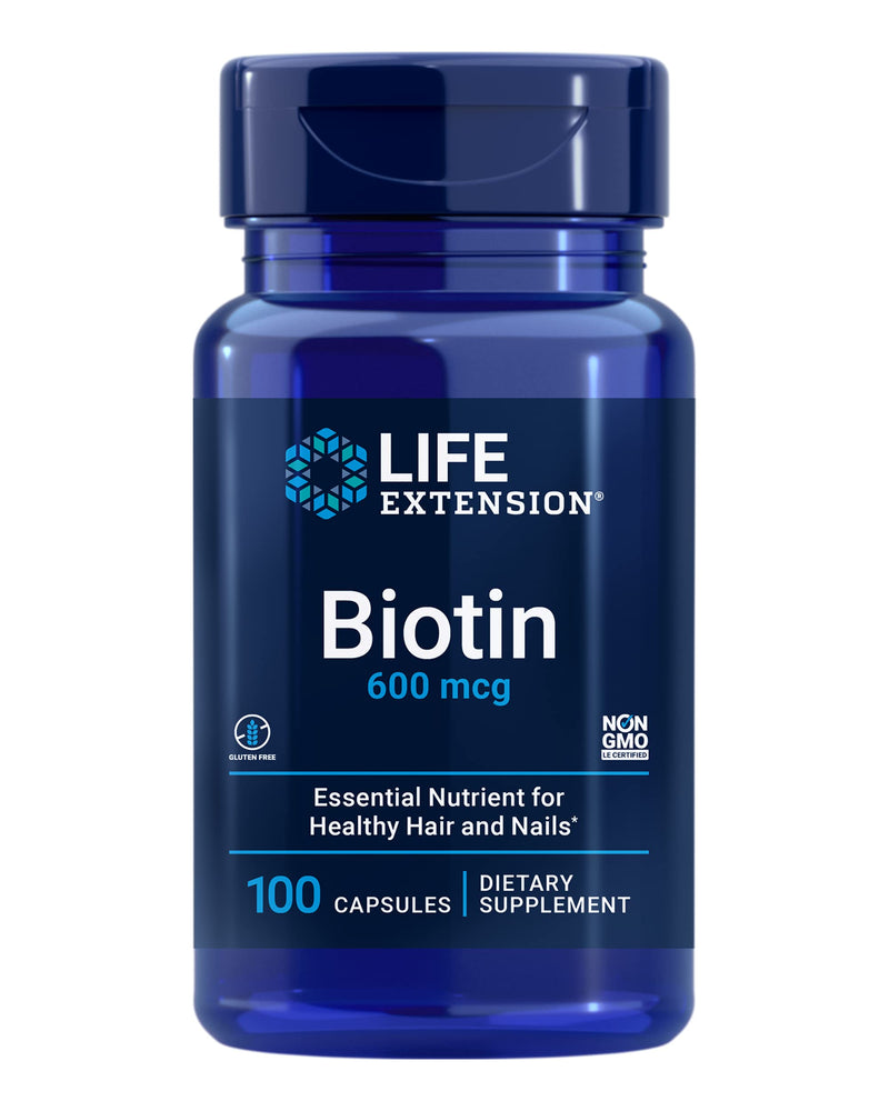 Life Extension Biotin 600 mcg Vitamin B7 Support Supplement for Beautiful Hair, Nails & Beyond – Gluten-Free, Non-GMO - 100 Capsules | Supports Hair, Nail & Skin Health, Non-GMO & Gluten-Free Vitamin B7