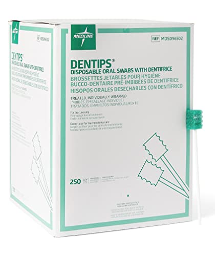 Medline Dentips Disposable Oral Swabsticks, Adult Mint Dentifrice-Treated, Green, 250 Count Treated (250 Count)