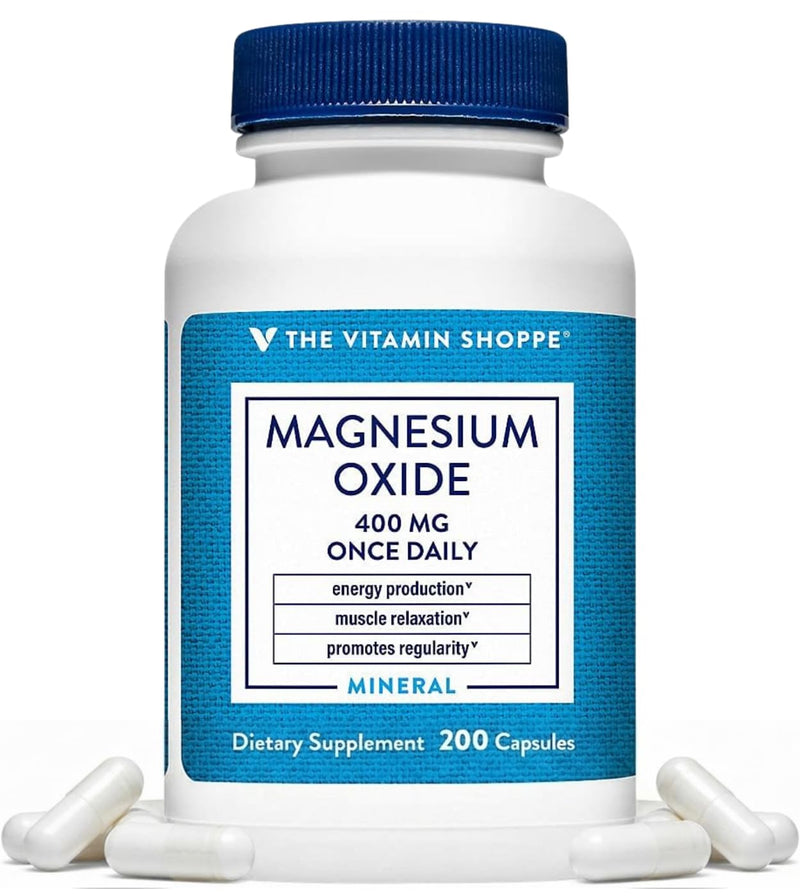 The Vitamin Shoppe Brand Magnesium Oxide 400 mg, Bone Support, 200 Count | Daily Magnesium Mineral for Muscle Relaxation, Bone Health & Energy Production Support for Men & Women, Dairy & Gluten Free