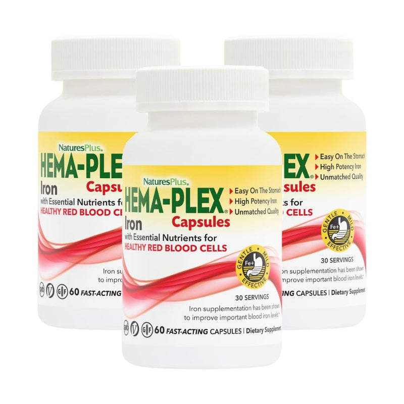 NaturesPlus Hema-Plex Iron - 60 Fast-Acting Capsules - 3 Pack - 85 mg Chelated Iron + Vitamin C & Bioflavonoids for Healthy Red Blood Cells - Vegan, Gluten Free - 90 Total Servings 60 Count (Pack of 3)