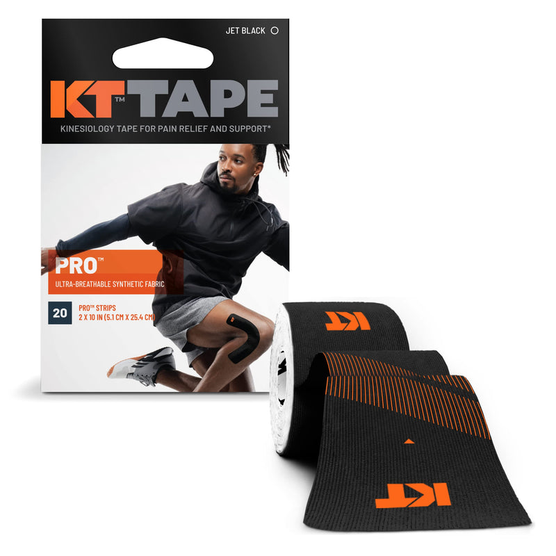 KT Tape, PRO Synthetic Kinesiology Athletic Tape, 20 Count, 10” Precut Strips, 20 Precut Strips Jet Black Solid - BeesActive Australia