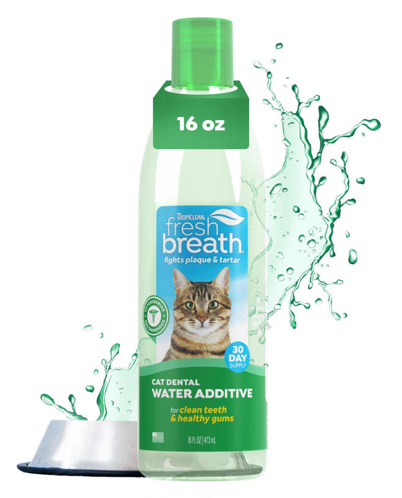 TropiClean Fresh Breath Water Additive for Cats, Cat Teeth Cleaning and Breath Freshener Solution, Complete No Brushing Dental Care, 16 oz. 16 Fl Oz (Pack of 1) Water Additive (Original)