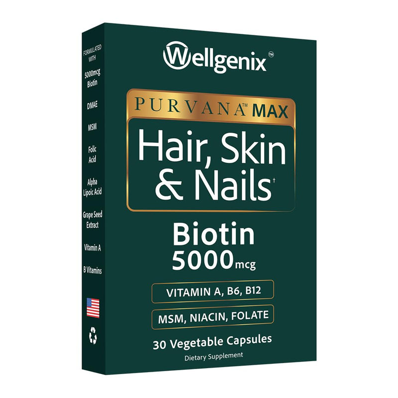 Wellgenix Purvana MAX Hair Skin and Nails Supplement – 5000mcg Biotin with MSM & B-Complex – Support for Thicker Hair, Stronger Nails & Glowing Skin – 30 Veggie Capsules | Biotin, MSM & hyaluronic acid in vegetable capsules for thicker, fuller hair, st...