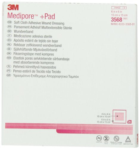 3M™ Medipore™ +Pad Soft Cloth Adhesive Wound Dressing, 3568, Dressing - 6 in x 6 in, Pad - 4 in x 4 in 1