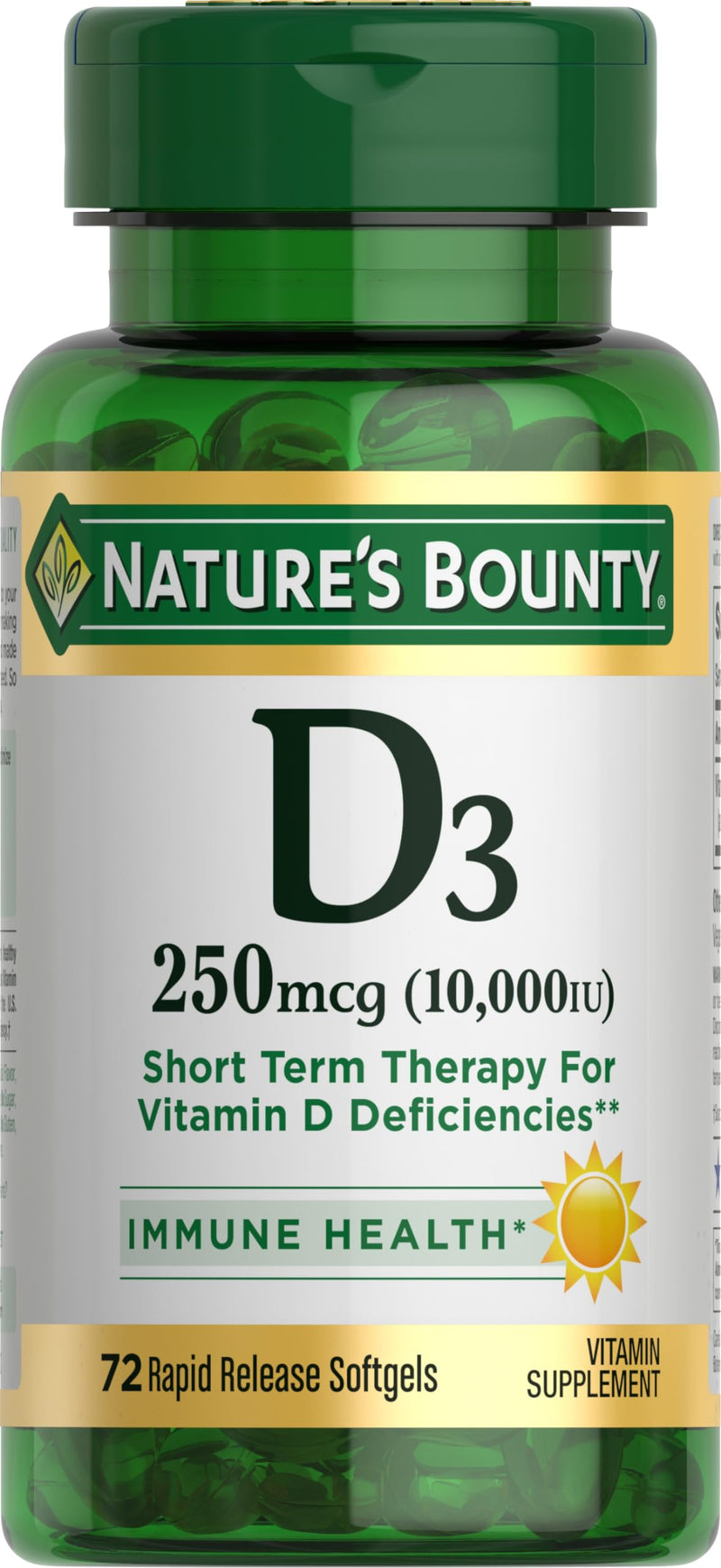 Nature's Bounty Vitamin D for Immune Support, 72 Softgels | Vitamin D Provides Immune Support and Promotes Healthy Bones, 10000IU 72 Count (Pack of 1)