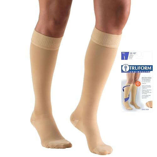 Truform 20-30 mmHg Compression Stockings for Men and Women, Knee High Length, Dot Top, Beige Beige (Closed Toe) Large (1 Pair)