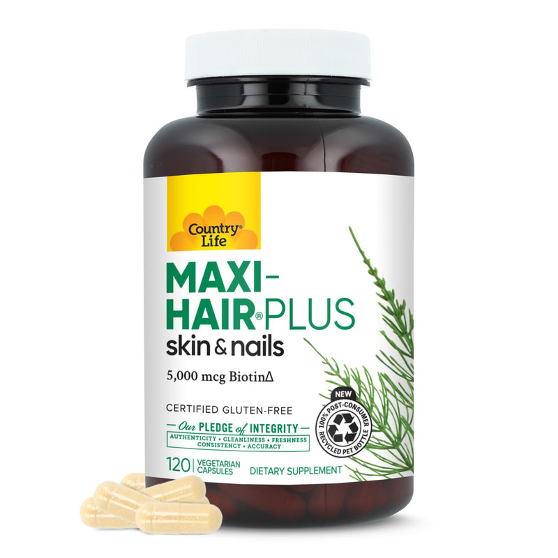 Country Life Maxi-Hair Plus 5,000 mcg Biotin, 120 Capsules | 1,200 mg Maxi Blend with MSM, L-methionine, L-cysteine and horsetail extract; 30 servings