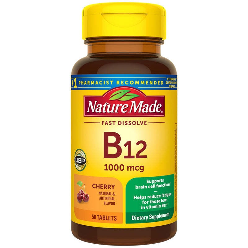 Nature Made Vitamin B12 1000 mcg Fast Dissolve Tablets, 50 Tablets | Easy to Take Vitamin B12 Sublingual Tablets for Energy Metabolism Support for Men and Women, Sugar Free, 50 Day Supply Cherry 50 Count (Pack of 1)