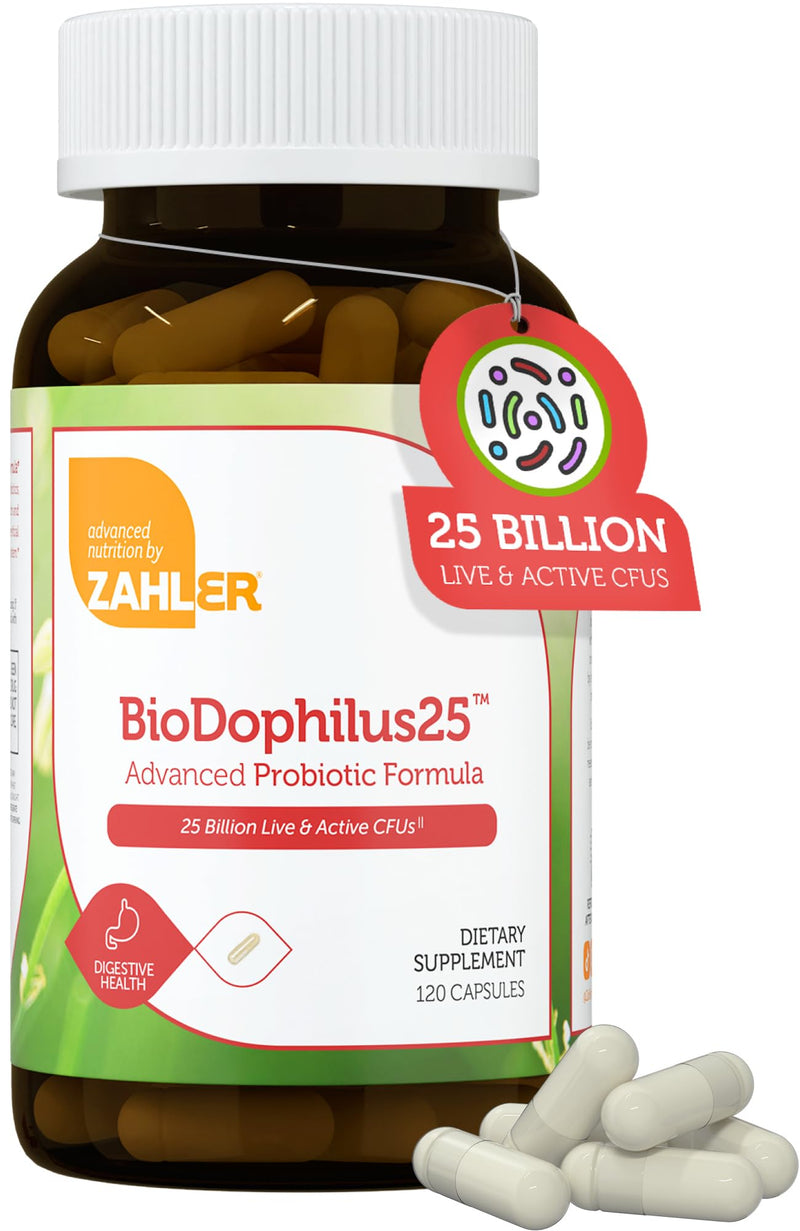Zahler BioDophilus25, 25 Billion CFU Probiotic + Prebiotic - 11 Strains Daily Probiotic Supplement - Kosher Probiotics for Women for Digestive Health, Probiotics for Men for Gut Health (120 Capsules)
