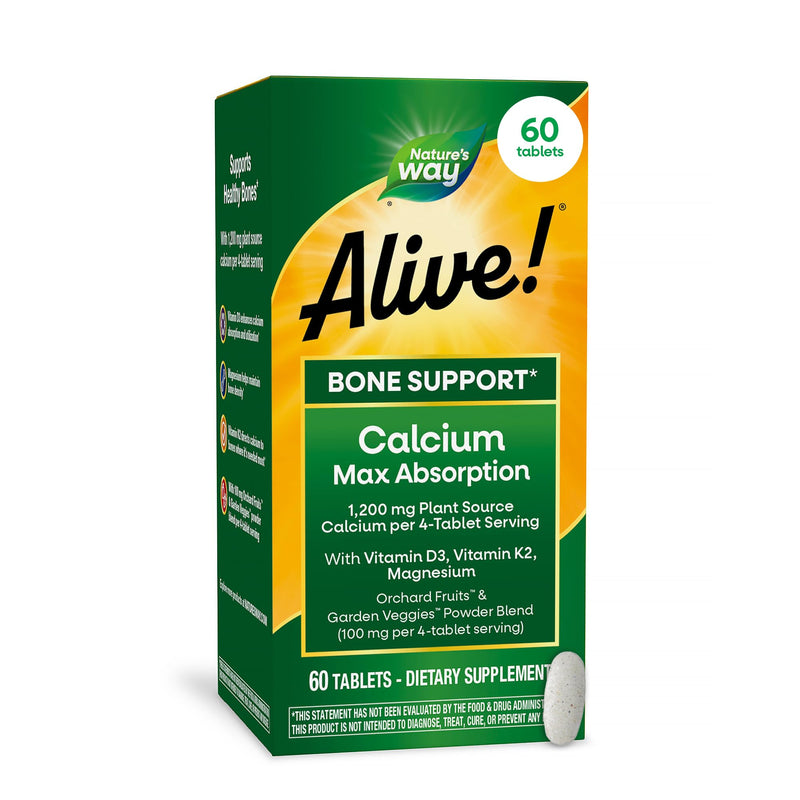 Nature’s Way Alive! Calcium Bone Support Tablets*, 1,200 mg Calcium, 60 ct | Max Absorption Calcium Supplement with Vitamins D3, K2, & Magnesium, Promotes Bone Health and Bone Density*, Gluten Free 60 Count (Pack of 1)