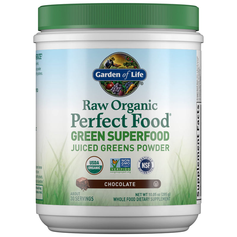 Garden of Life Raw Organic Perfect Food Green Superfood Juiced Greens Powder - Chocolate, 30 Servings - Non-GMO, Gluten Free, Vegan Whole Food Dietary Supplement, Plus Probiotics & Enzymes | Juiced Cereal Grasses, Plant Based Green Supplements for Immu...