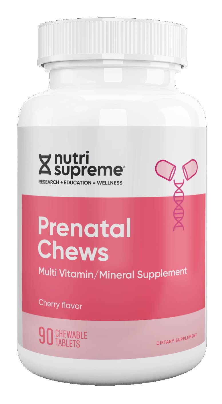 Nutri Supreme Prenatal Vitamin, Chewable Prenatal Vitamins for Women with 800 MCG of Folate, Complete Pregnancy Multivitamin with Iron, Kosher, Cherry Flavor, 90 Count Chewables- 90 Count