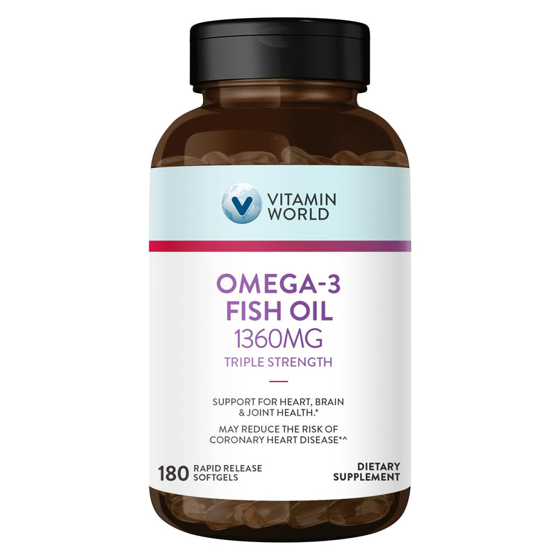 Vitamin World Triple Strength Omega 3s Fish Oil 1360 mg, 180 Softgels | High Potency Omega 3s with EPA & DHA 950 mg, Supports Heart, Brain & Joint Health, Gluten Free, 6 Months Supply 180 Count (Pack of 1)