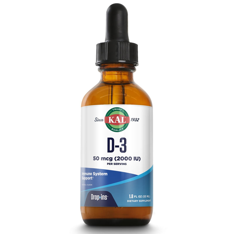 KAL Vitamin D3 2000 IU (50 mcg) DropIns - Liquid Vitamin D3 Drops - Bone Strength and Immune Support Supplement - Vegetarian, 60-Day Guarantee, Approx. 590 Servings, 1.8oz | Bone Strength and Immune Support, Vegetarian, 60-Day Guarantee, Approx. 590 Se...