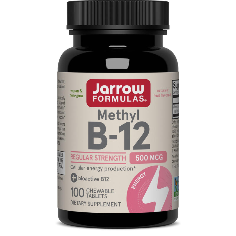Jarrow Methyl B-12 Chewable Tablets 500 mg, Vitamin B12 Supplements, 100 Ct | Dietary Supplement for Cellular Energy Production and Brain Health Support, Cherry Flavor Chewable Tablets, 100 Day Supply 100 Count (Pack of 1)
