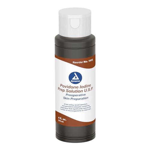 Dynarex Povidone-Iodine Prep Solution, Antiseptic Solution for Skin and Mucosa, Ideal for Surgical Site Preparation, Contains Povidone Iodine 10%, 4 fl. oz., 1 Bottle Unflavored 4 Fl Oz (Pack of 1)