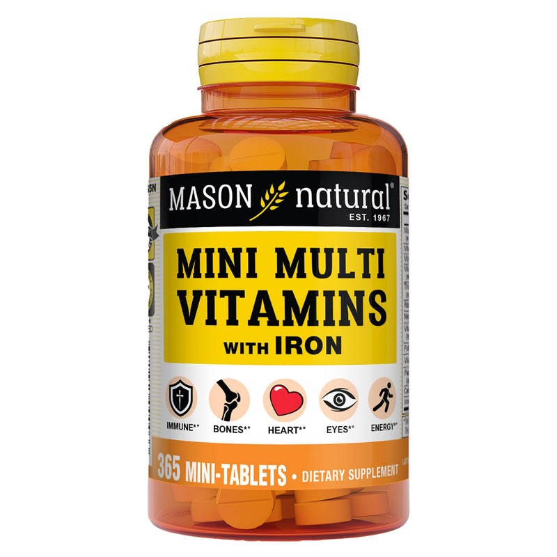 MASON NATURAL Mini Multivitamin with Iron, Gluten Free, 1 Year Supply | 12 essential nutrients plus iron, including vitamins A, C, D, E, B-complex, folate & calcium for daily support 365 Count (Pack of 1)