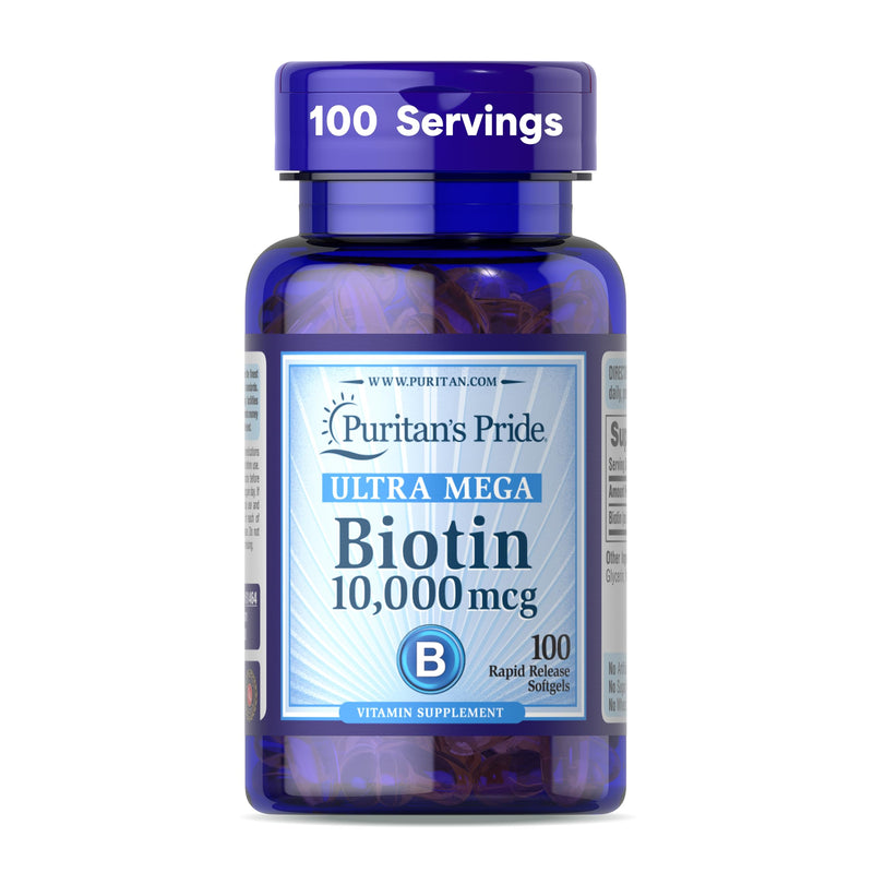 Puritan's Pride Premium Ultra Mega Biotin 10,000mcg, 100 Softgels 50 Count (Pack of 1)