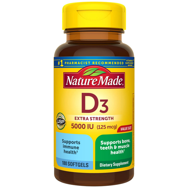 Nature Made Extra Strength Vitamin D3 5000 IU (125 mcg), Dietary Supplement for Bone, Teeth, Muscle and Immune Health Support, 180 Softgels, 180 Day Supply 180 Count (Pack of 1) - BeesActive Australia