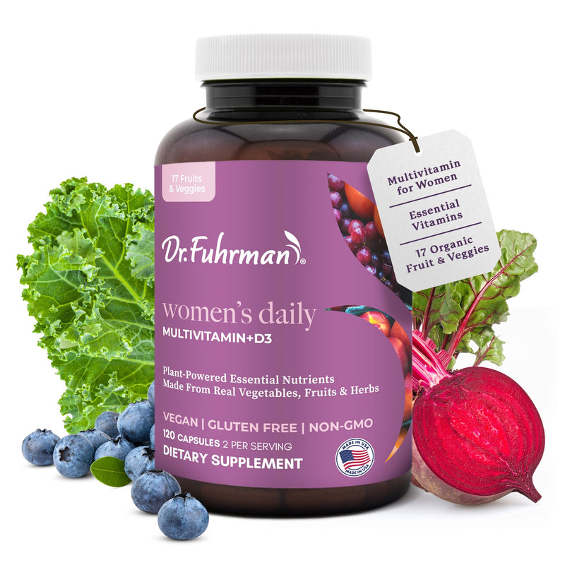 Dr. Fuhrman 2 Month Supply Multivitamin for Women + D3 Vitamin for Immune Support | Vegan Formula Womens Multivitamin with B12 & Zinc | Whole Food multivitamin with 17 Fruits & Veggies | Non GMO Women's