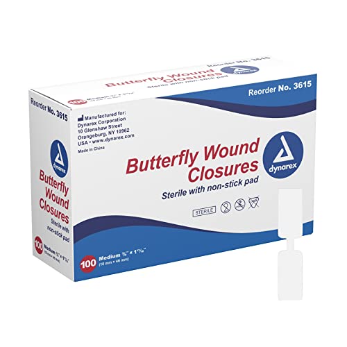 Dynarex Adhesive Bandage, Butterfly Fab, Medium, 3/8 Inches x 1 13/16 Inches Sterile, White, 100 Count Medium (Pack of 100)