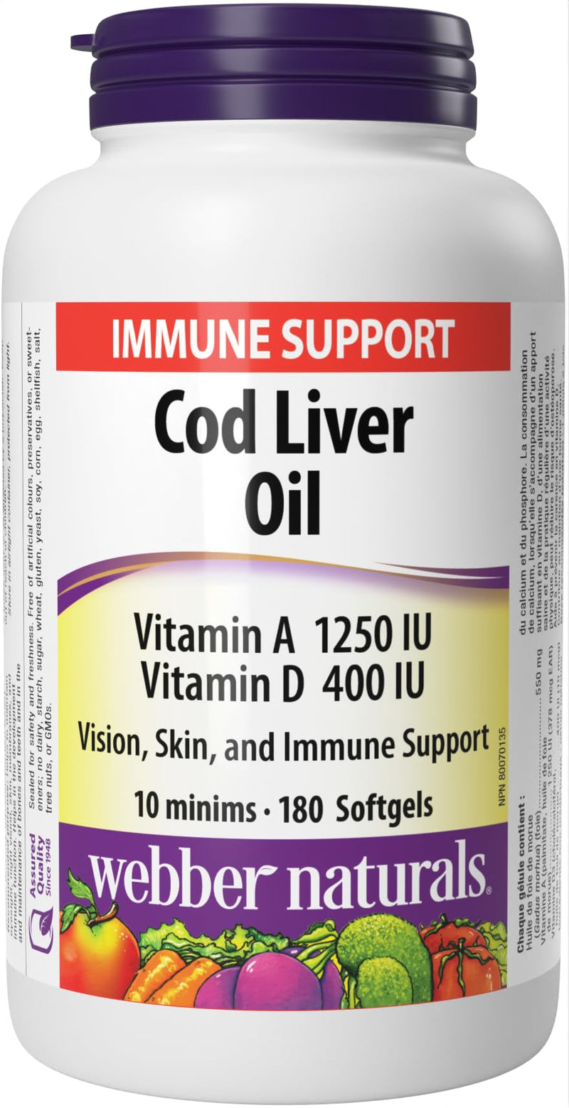 Webber Naturals Cod Liver Oil 1250 IU/100 IU · Vitamin A and D, 180 Softgels