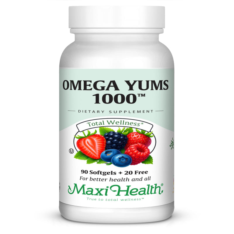 Maxi Health Omega Yums 1000 - Kid Friendly - Fruity Burst Flavor - 110 Softgel Capsules - Kosher | EPA-DHA High Potency, Fatty Acids, Heart, Brain, Joint Health, Fruity Burst Flavor, Kid Friendly, Kosher Certified Fruit Flavor 1000™ 110 Count (Pack of 1)