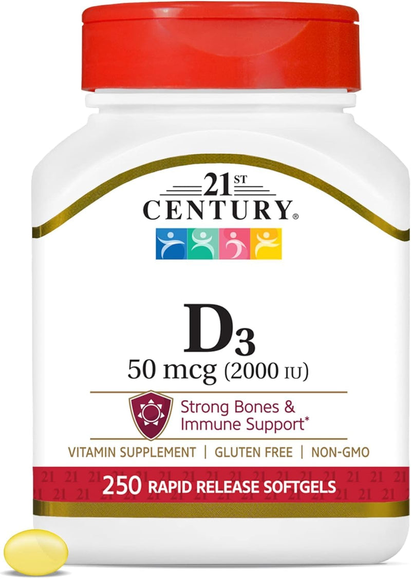 21st Century Vitamin D3 2000 IU Softgels, Bone & Immune, 250 Count | Vitamin D3 2000 IU Fast-Release Liquid Softgels, Bone Health, Immune Support & Calcium Absorption, Value 250-count Bottle Unflavored 250 Count (Pack of 1)