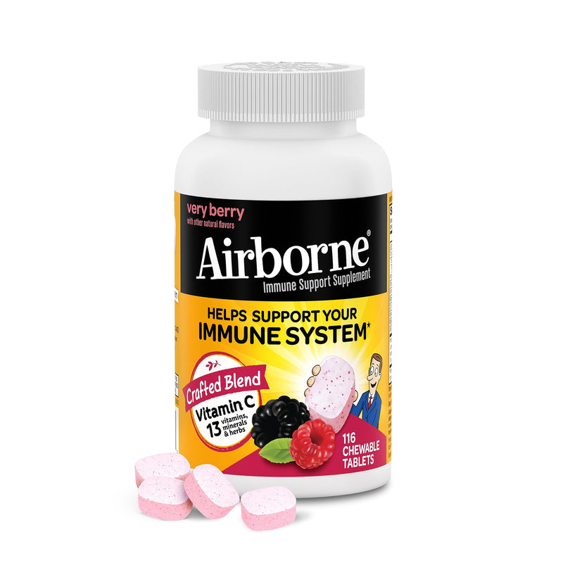 Airborne 1000mg Vitamin C with Zinc, Immune Support Supplement with Powerful Antioxidants Vitamins A C & E - 116 Chewable Tablets, Very Berry Flavor 116 Count - BeesActive Australia