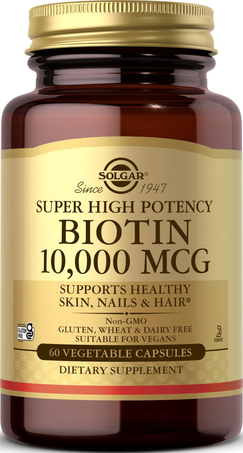 Solgar Biotin 10,000 mcg, 60 Vegetable Capsules - Non-GMO, Gluten Free | Energy, Metabolism, Promotes Healthy Skin, Nails & Hair - Super High Potency - Vegan, Dairy Free, Kosher - 60 Servings 60 Count (Pack of 1)