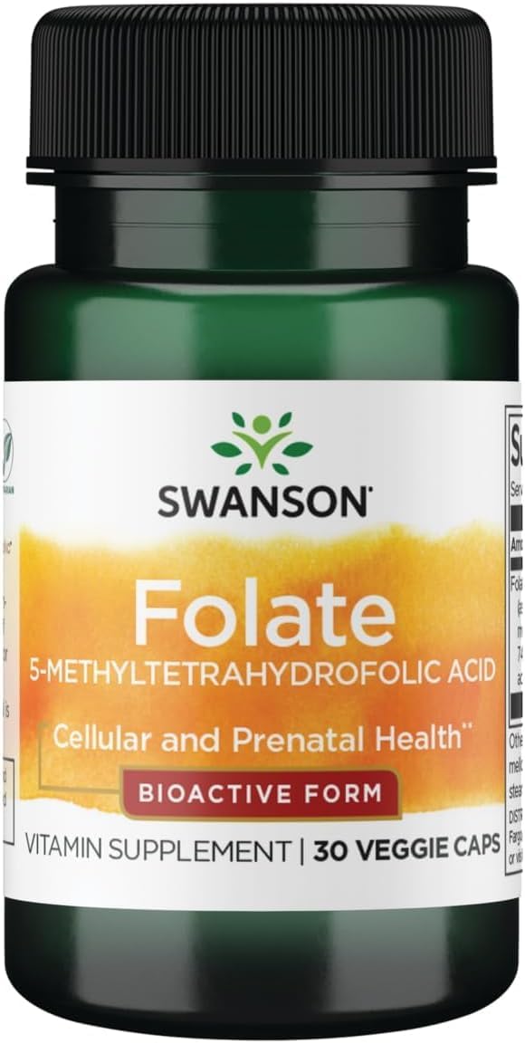 Swanson Folate (5-Methyltetrahydrofolic Acid) 400 mcg 30 Veg Capsules | Advanced Bioactive Form of Folate that Promotes Heart Health and Red Blood Cell Production, an Important Prenatal Vitamin 30 Count (Pack of 1)