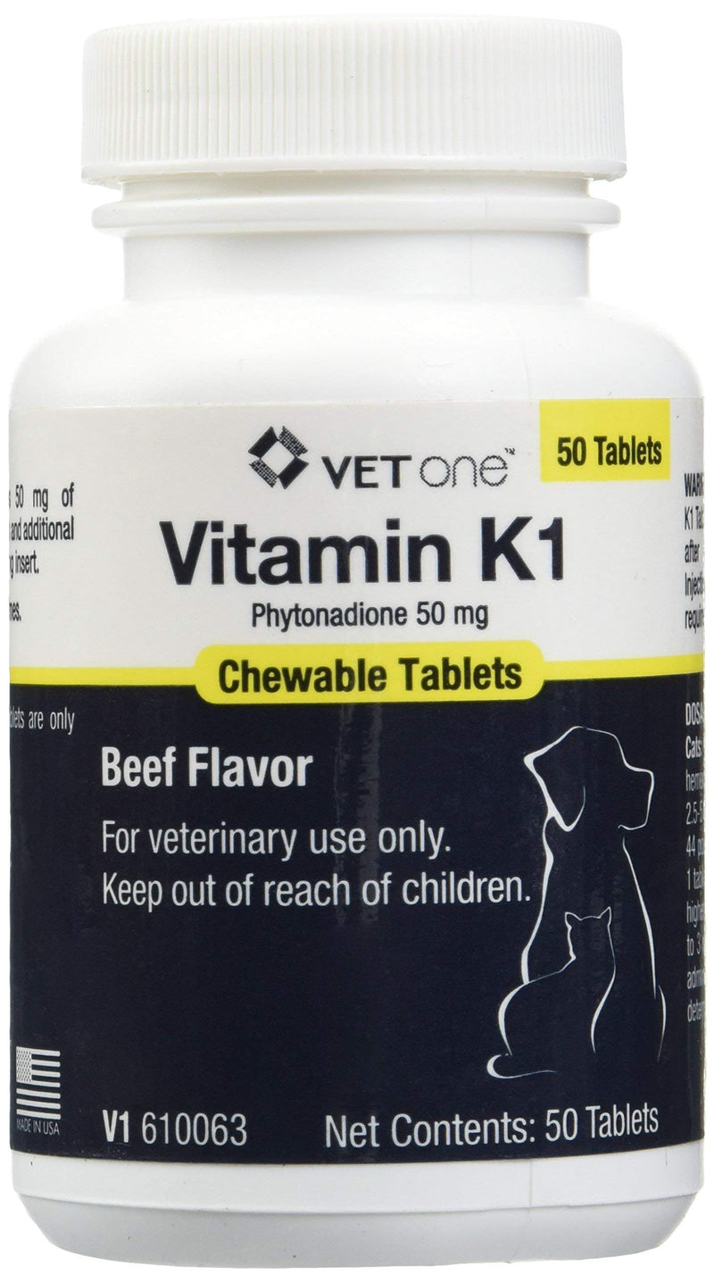 Vet One Vitamin K1 Chewable Tablets - Vitamin K1 for Dogs, Beef-Flavored Chewable Vitamins For Cats and Dogs (50 Tablets, Phytonadione 50mg) - PawsPlanet Australia