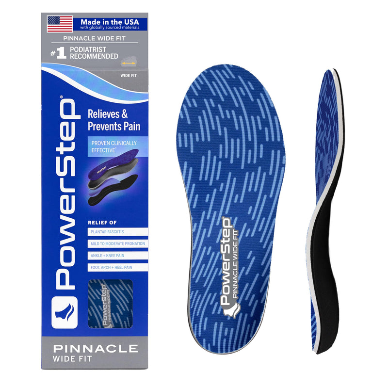 PowerStep Wide Fit Orthotics Insoles, Wide Feet Arch Support, Plantar Fasciitis Relief, Mild Pronation, Orthotics That Supports Ankle & Knee Pain for Men and Women, Made in The USA Blue/Gray Men's 10-10.5 / Women's 12